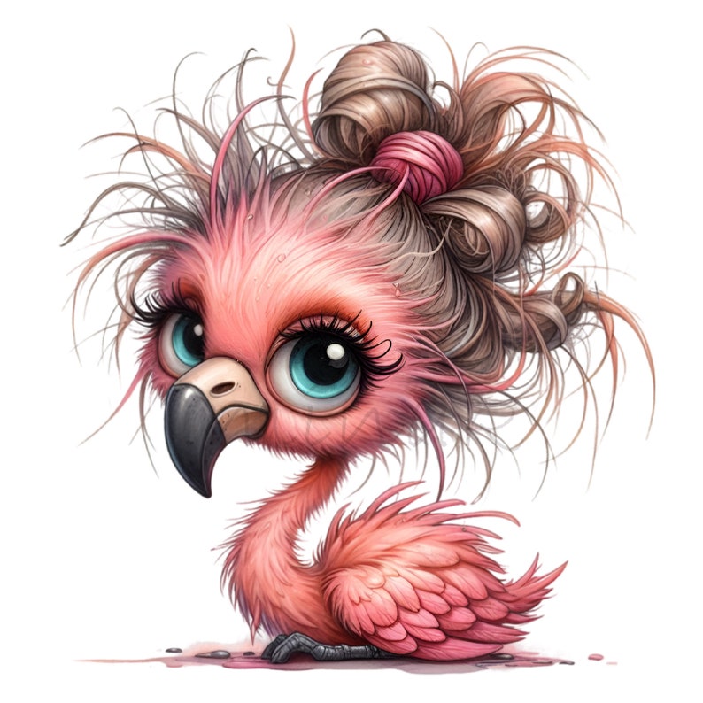 K&ouml;nnte beinhalten: Eine niedliche Illustration eines rosa Flamingos mit gro&szlig;en, ausdrucksstarken blauen Augen und langen Wimpern. Der Flamingo hat braunes Haar, das zu einem Dutt mit einem rosa Haargummi hochgesteckt ist. Der Stil ist cartoonhaft.