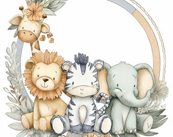 16 Safari Animal Frame PNG, Jungle Nursery Border Elephant Lion Sublimation Graphic