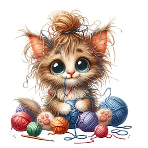 12 PNG Garn Katzen Clipart - Süße Kätzchen mit Wollbällen PNG - Lustige handwerkliche Tierkunst für Aufkleber, Karten, Sublimationsprojekte