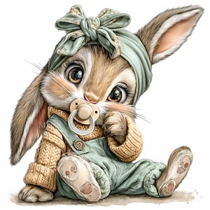 May include: A digitally illustrated baby bunny wearing a sage green headband with a bow, a matching jumpsuit, and a tan sweater. The bunny has large brown eyes, a pacifier, and is sitting down.