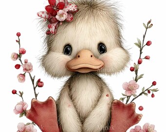 12 PNG Baby Duckling Watercolor, Floral Duck Clipart, Pink Blossom Farm Animal