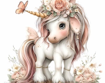 20 PNG Unicorn Clipart Floral Illustration – Baby Fantasy Animal Watercolor for Nursery Kids Prints