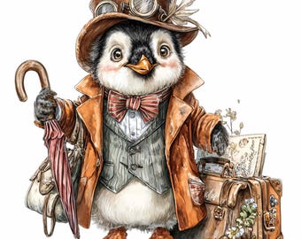 16 PNG Penguin Clipart, Steampunk Animal, Traveler Bird Design, Adventure Decor
