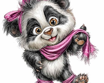 14 PNG Panda Watercolor Pink Bow Scarf Animal Nursery Clipart