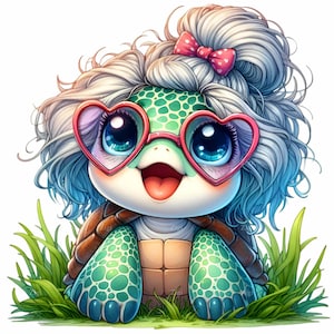 12 cliparts tortue mignonne PNG - tortue heureuse avec des lunettes coeur PNG - sublimation de dessin animé amusant pour enfants, travaux manuels, autocollants d'été, décoration