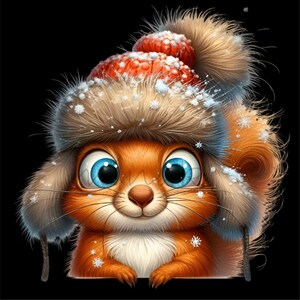 May include: A cute cartoon squirrel wearing a brown and red winter hat with a fluffy white trim. The squirrel has big blue eyes and a small, pink nose. The hat is covered in white snowflakes.