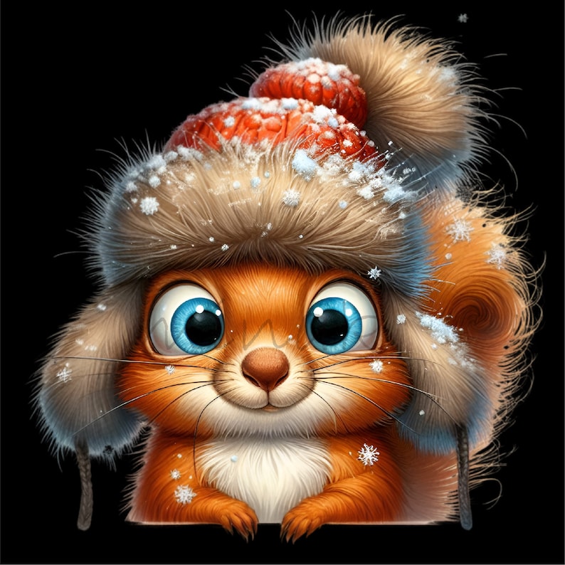 May include: A cute cartoon squirrel wearing a brown and red winter hat with a fluffy white trim. The squirrel has big blue eyes and a small, pink nose. The hat is covered in white snowflakes.