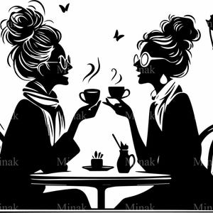 6 SVG Paris cafe girls SVG – Silhueta de bate-papo com café SVG – Clipart de amizade francesa para canecas, camisetas, arte de parede, artesanato Cricut