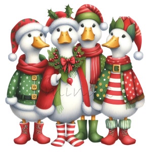 14 Cliparts PNG de Patos de Natal – Quatro Patos Festivos em Trajes de Natal, Chapéus de Papai Noel, Cachecóis, Guirlandas, Botas e Decoração de Inverno