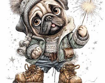 12 Winter Pug With Sparkler Png, Holiday Jacket Boots Beanie Star Clipart