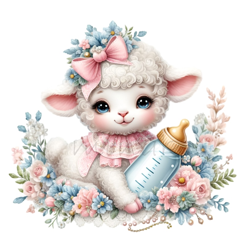 Baby lamb PNG – Cute bottle-feeding sheep clipart with bow and florals – Pastel nursery animal for baby shower, prints, crafts