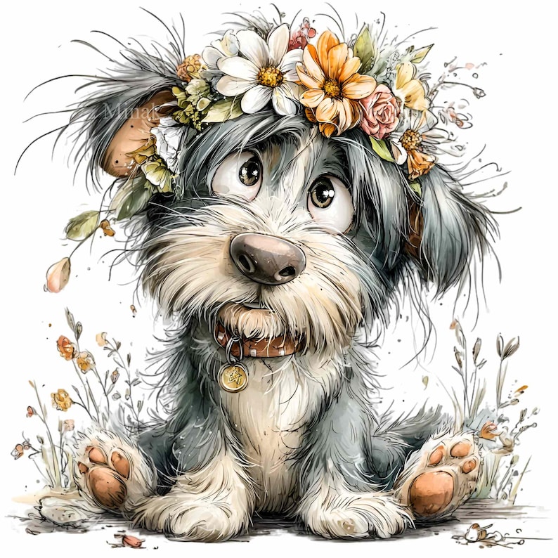 15 PNG Floral Puppy Clipart – Cute Dog PNG – Rustic Cartoon Pet ...
