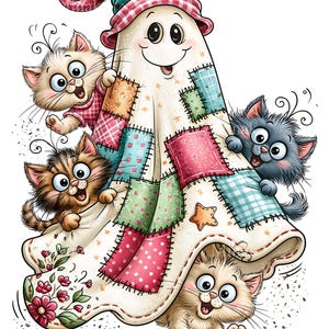 May include: A cartoon illustration of a smiling ghost wearing a patchwork quilt hat and cape, decorated with colourful squares, floral patterns, and a star. Four fluffy kittens with large eyes peek out from behind and under the quilt fabric.