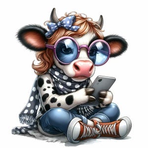 15 Trendy Cow PNG Clipart, Cute Cow with Glasses and Phone, Hipster Animal Art, Digital Download for Sublimation & Crafts
