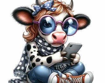 15 Vaca con gafas de sol y teléfono PNG, Bufanda de lunares con lazo para sublimación Clipart