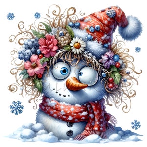 12 PNG Whimsical snowman clipart - cute winter character PNG - floral holiday illustration, festive decor design, DIY greeting card artwork