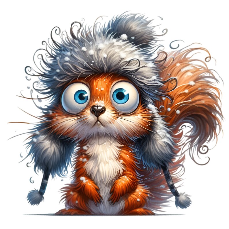May include: A cartoon squirrel wearing a furry gray and white hat with a blue and white striped trim. The squirrel has large blue eyes and a fluffy orange tail. The squirrel is covered in white snow.