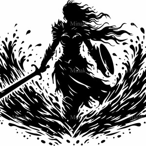 May include: A black and white silhouette of a woman warrior holding a sword and shield, standing in a wave of water.