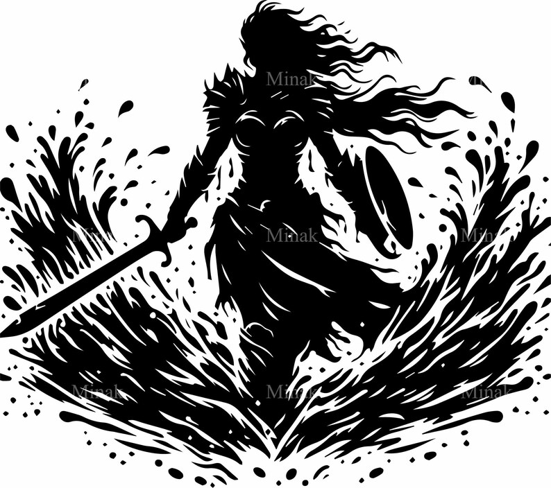 May include: A black and white silhouette of a woman warrior holding a sword and shield, standing in a wave of water.