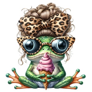 17 Clipart PNG grenouille tendance - grenouille mignonne avec des lunettes léopard, un noeud et une crème glacée - téléchargement numérique pour sublimation
