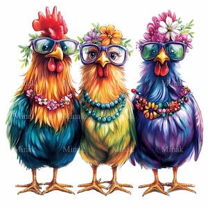 15 cliparts PNG colorés de poulets avec des verres, des fleurs et des perles - téléchargement numérique de poule de ferme amusante pour des travaux manuels et des cartes