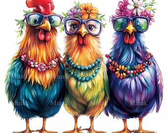 May include: Three colorful chickens wearing glasses and flower crowns. The chickens are standing in a row, with the first chicken wearing a blue and orange feather pattern, the second chicken wearing a yellow and green feather pattern, and the third chicken wearing a purple and blue feather pattern. Each chicken has a different colored necklace.