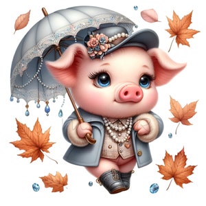 10 PNG Autumn Pig Clipart – Cerdito elegante con traje de otoño y paraguas – PNG para manualidades de temporada, diseños infantiles o creación de tarjetas