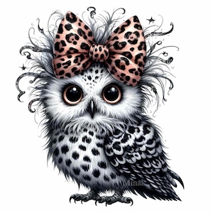 10 png-schattige uil met luipaardstrik PNG-illustraties – zwart-witte uil met grote ogen met rommelige veren en strik met dierenprint, gotische dierenkunst