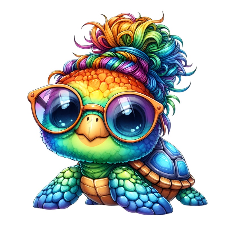 May include: A rainbow-colored turtle with a rainbow-colored hair bun wearing sunglasses. The turtle has a blue shell with a green and orange body.
