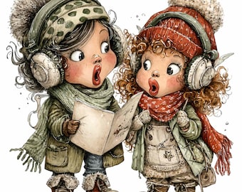 10 Caroling Girls Singing Christmas Png, Winter Scarf Book Vintage Clipart
