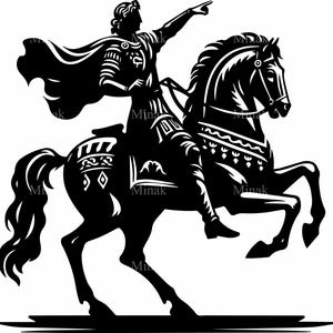 5 SVG de Alejandro Magno: Clipart de guerrero histórico a caballo. Archivo de corte de héroe militar antiguo para Cricut y manualidades.