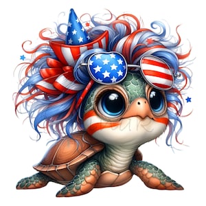 12 Clipart Tortue Patriotique PNG | Tortue mignonne avec étoiles et rayures | Art du 4 juillet pour le jour de l'indépendance