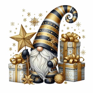 14 PNG Gnomo de regalo navideño clipart – Navidad dorada y negra PNG – Enano nórdico festivo con regalos para tarjetas, tazas o manualidades de invierno