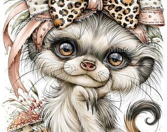 10 imagens PNG de suricatas, leopardos, laços e animais de safári com estampa floral.