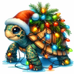 May include: A green turtle wearing a Santa hat is decorated with colorful Christmas lights. The turtle is standing on a blue surface with more lights around it.