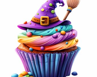 24 cupcakes con sombrero de bruja para Halloween (PNG), fiesta de dulces con escoba y glaseado arcoíris