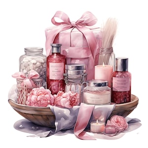 May include: A pink gift box tied with a satin ribbon, surrounded by a selection of bath and body products, including candles, bath salts, and lotions. The products are displayed in a wooden bowl with pink roses and a white ribbon.