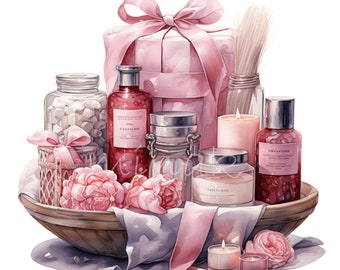 20 PNG Spa-Geschenkkorb-Illustration, rosa Badezimmerdekor-Entspannungsset