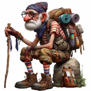 15 cliparts PNG senior randonneur : explorateur âgé avec sac à dos, bâton de randonnée et bottes pour projets sur le thème de l'extérieur