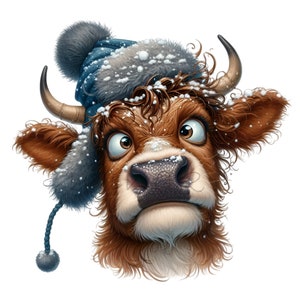 15 PNG Winter highland cow clipart - funny bull PNG - farm animal wall art, seasonal greeting card designs, DIY sticker printables