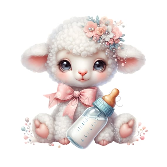 10 PNG Baby Lamb Clipart – Floral Bow Lamb Illustration with Bottle, Nursery Animal Art for Baby Shower Designs, Pastel Farm, Sublimation