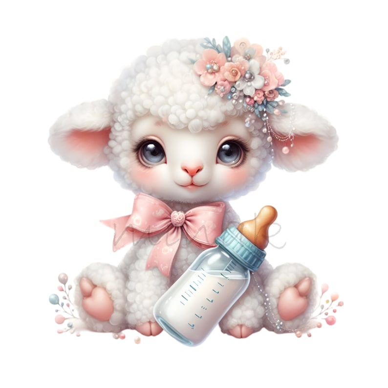 Baby Lamb Clipart PNG – Floral Bow Lamb Illustration with Bottle, Nursery Animal Art for Baby Shower Designs, Pastel Farm Decor, Sublimation PNG