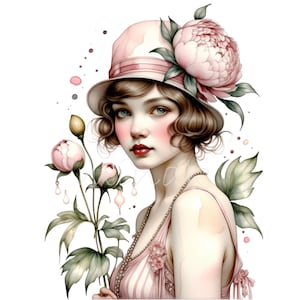 19 PNG Clipart de chica vintage – Ilustración PNG floral – Arte elegante de mujer para decoración femenina, artesanías de moda, estampados románticos