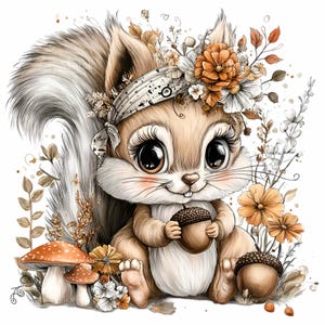 10 PNG Autumn squirrel – Cute woodland animal clipart – Fall acorn art for kids crafts, Thanksgiving decor, printable wall art, scrapbooking