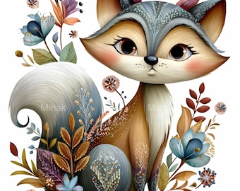 15 PNG Folk Art Fox Clipart, Woodland Flower Watercolor
