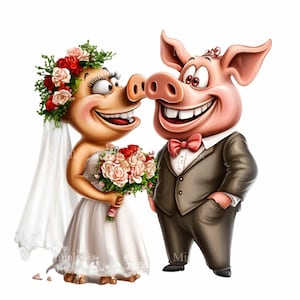 May include: A cartoon pig couple dressed in wedding attire. The bride pig is wearing a white dress with a floral crown and veil. The groom pig is wearing a gray suit with a red bow tie. They are both smiling.