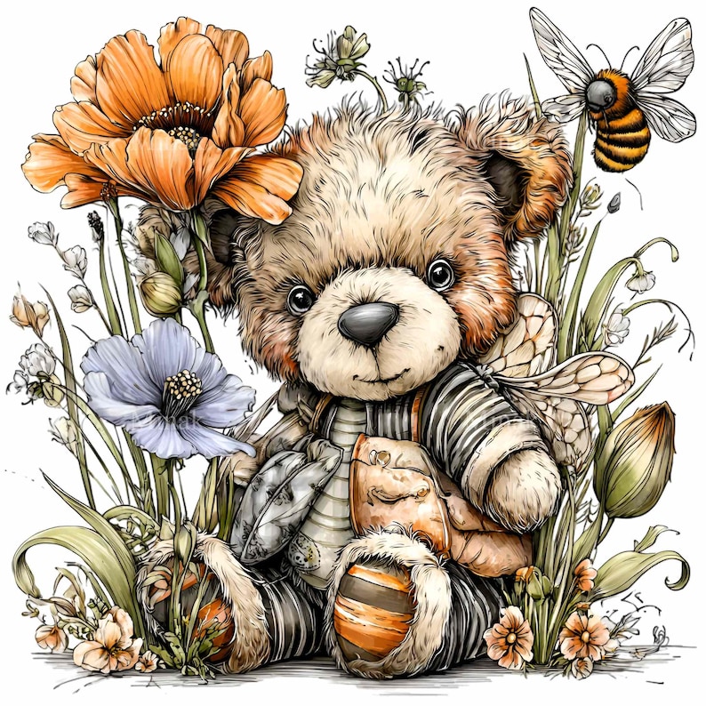 10 PNG Bear and Bee Clipart – Cute Honey Bee PNG – Baby Shower Nursery ...