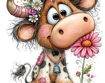 10 PNG Highland Cow Clipart, Floral Heifer Daisy Sublimation Graphic