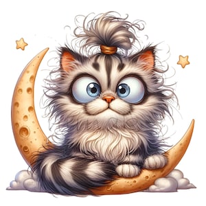 15 clipart PNG chat mignon avec de grands yeux assis sur le croissant de lune, cheveux duveteux noueux – art numérique chaton nuit lune
