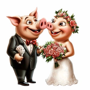 20 png grappige bruiloft varken clipart png, bruid en bruidegom varkens cartoon, schattige dieren paar kunst, sublimatie design, DIY afdrukbare decor